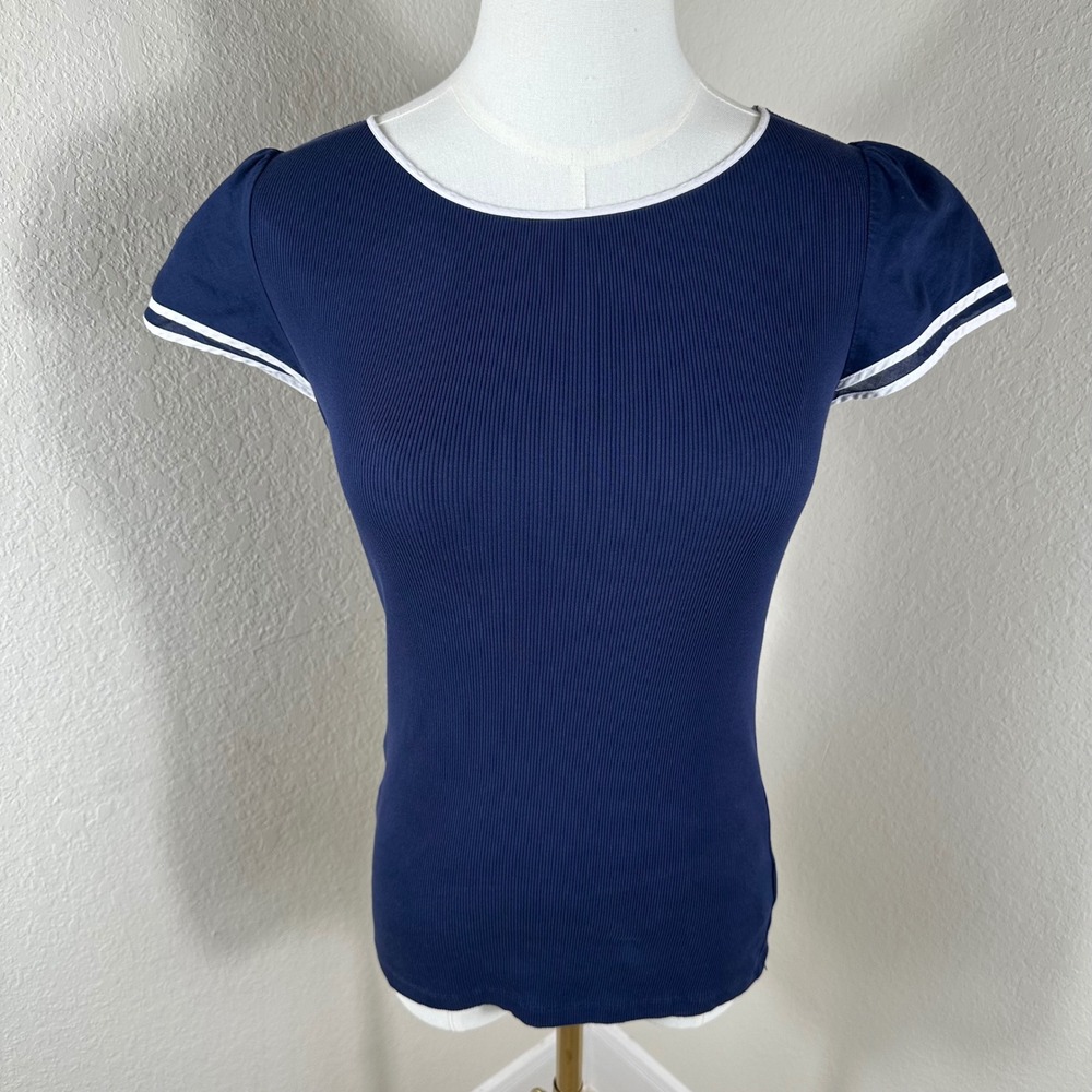 Lauren Ralph Lauren Ribbed Top Women S Navy Blue Black Preppy Coastal Nautical - Picture 2 of 11